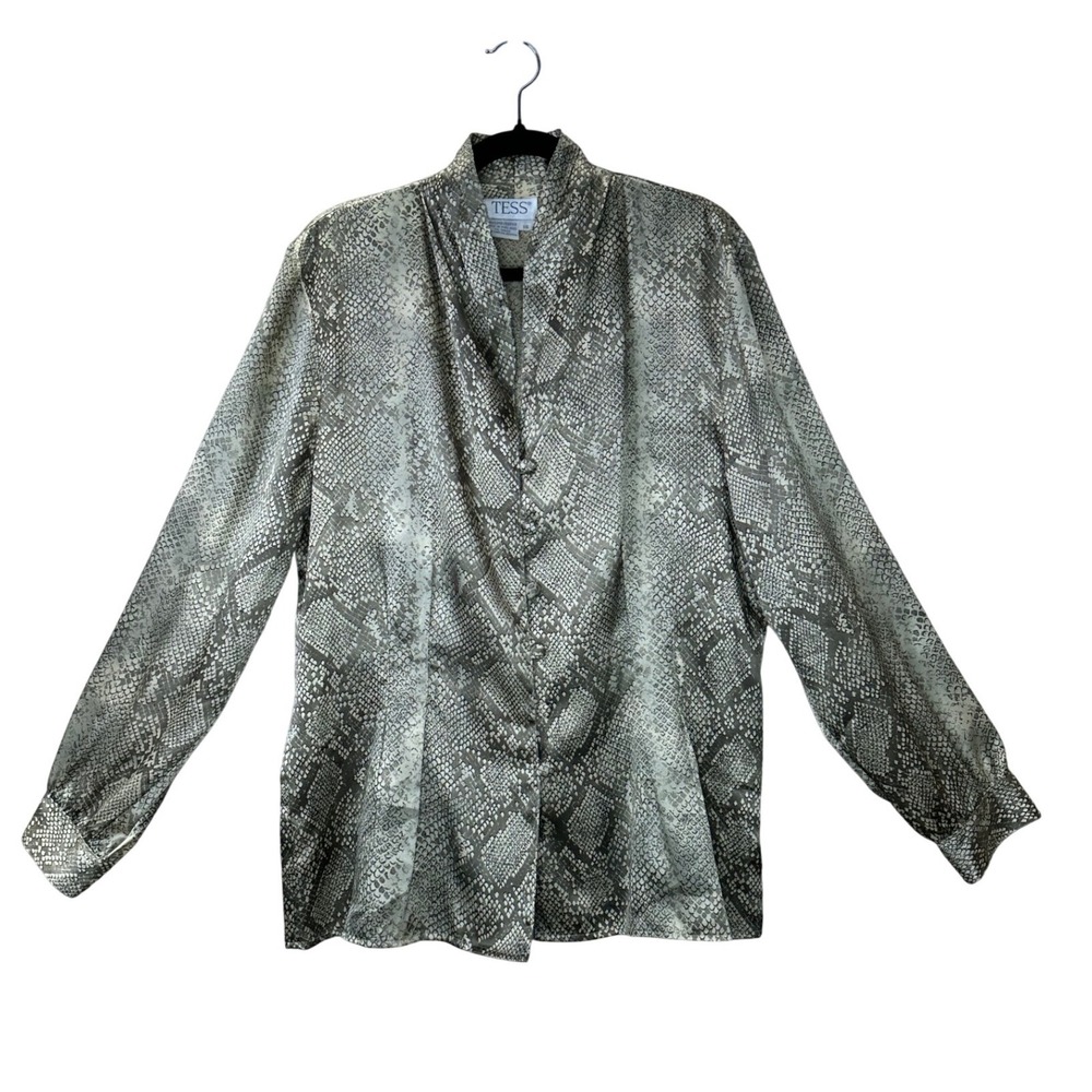 TESS VTG Snakeskin‎ Print Satin Blouse Grey Beige V-Neck Button Front Size 16